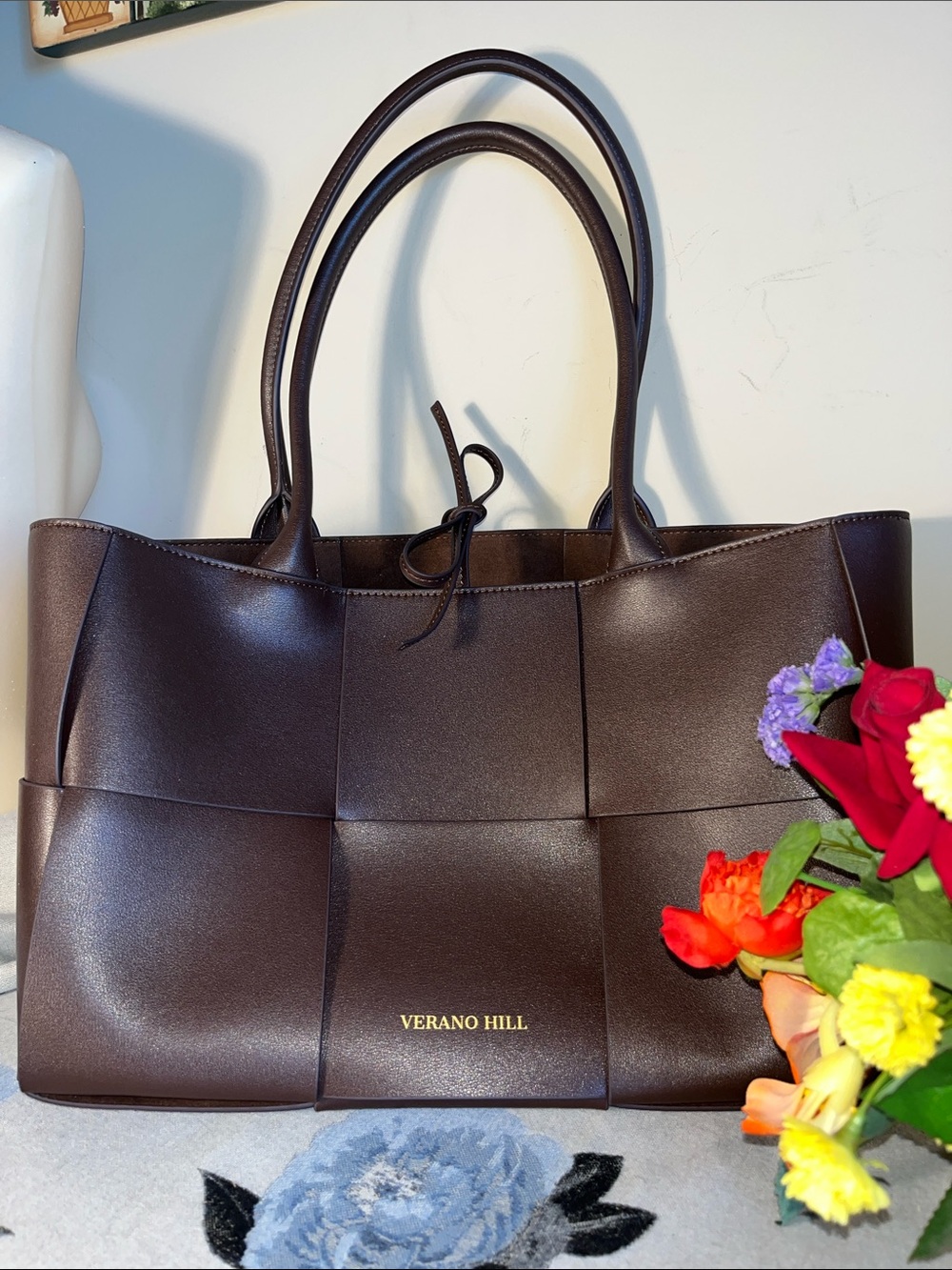 Verano Hill Karina Wood or Chocolate Brown Woven Medium Tote Bag